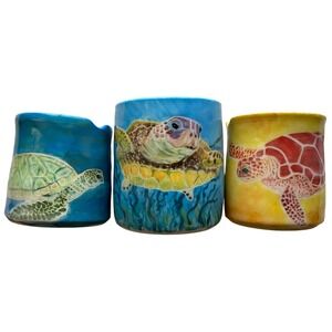 Hand Painted Sea Turtle Ceramic Containers Set 3pc Coastal Ocean Decor Mug